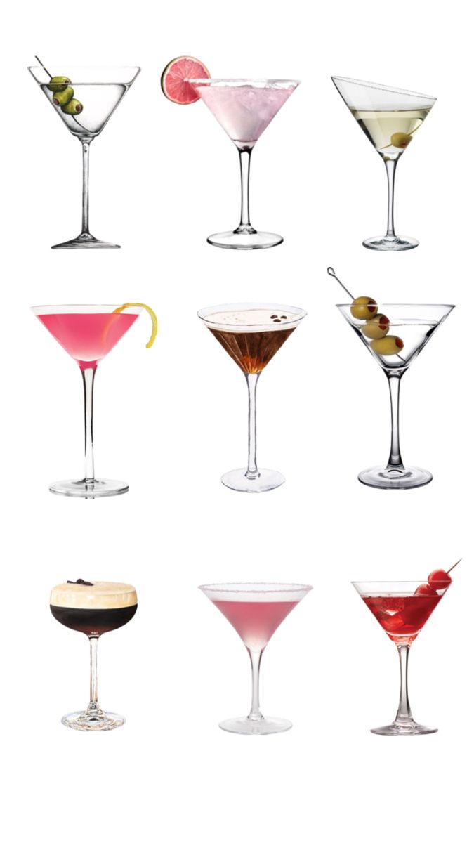 different types of martinis in glasses on a white background