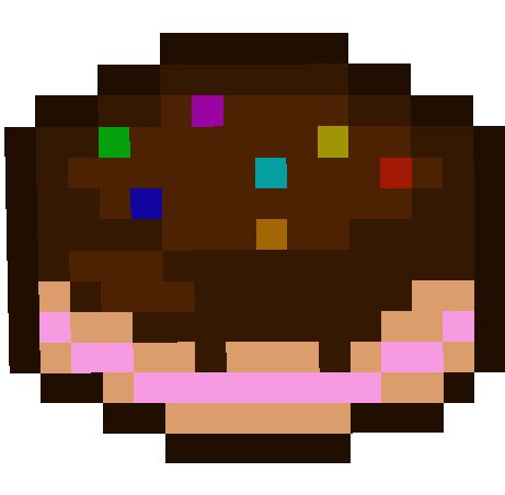 an image of a pixelated chocolate donut with pink and green squares on it