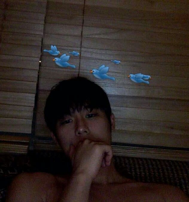 a shirtless man laying on top of a bed next to a window with birds flying over it