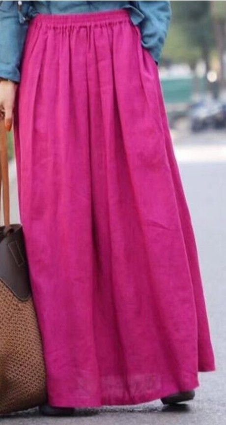 Long Ramie Women's Skirts Non-stretch Long Pink Skirt, Long Solid Color Beach Skirt, Beach Long Skirt Solid Color, Flowy Tiered Skirt In Solid Color, High Waist Elastic Maxi Skirt, High Waist Pink Pleated Maxi Skirt, Pleated Flared Skirt For Beach, Bohemian Long Skirt In Solid Color, High Waist Pleated Maxi Skirt