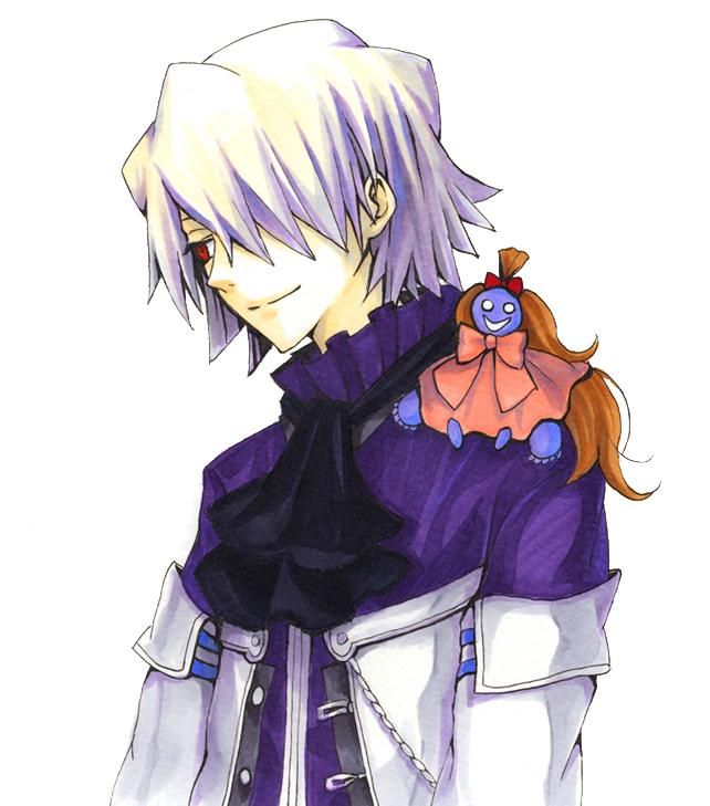 an anime character with purple hair holding a stuffed animal