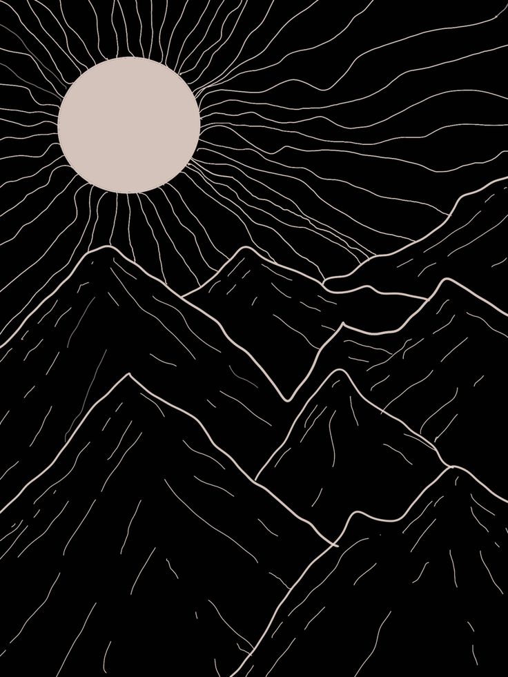 the sun shines brightly over mountains in this black and white drawing by artist mark taylor