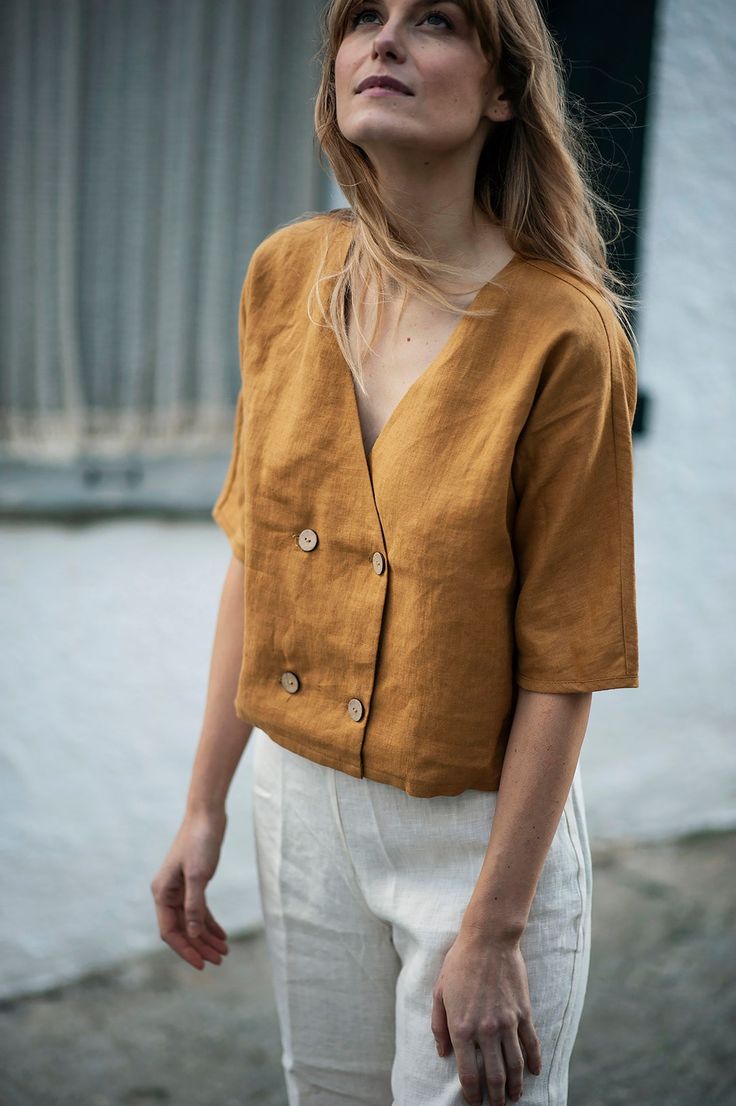 Double Breasted Linen Blouse WILLA, Linen Top Short Sleeves, Linen Blouse, Linen Crop Top, Linen Top With Buttons, Linen Top Women * Handmade * 100 %25 washed and softened linen * With inner pockets * Custom measurements Please send me your bust, waist,hips, and height measurements if you want a custom fit. Linen Top Women, Linen Crop Top, Linen Fashion, Linen Crops, Simple Shirts, Linen Blouse, Linen Top, Linen Clothes, Linen Dresses