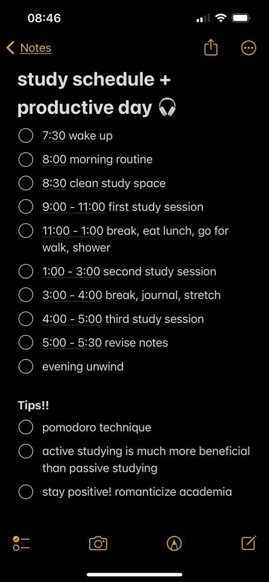 an iphone screen with the text study schedule and produtive day written on it