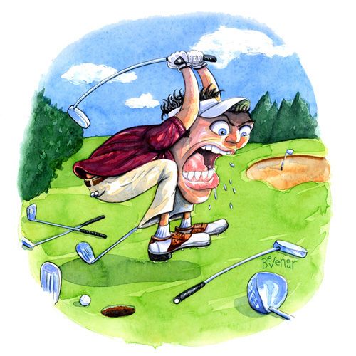 a drawing of a man hitting golf balls on the green with his mouth wide open