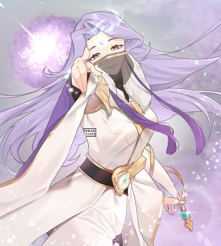 an anime character with long purple hair and white dress, holding her hand up to her face