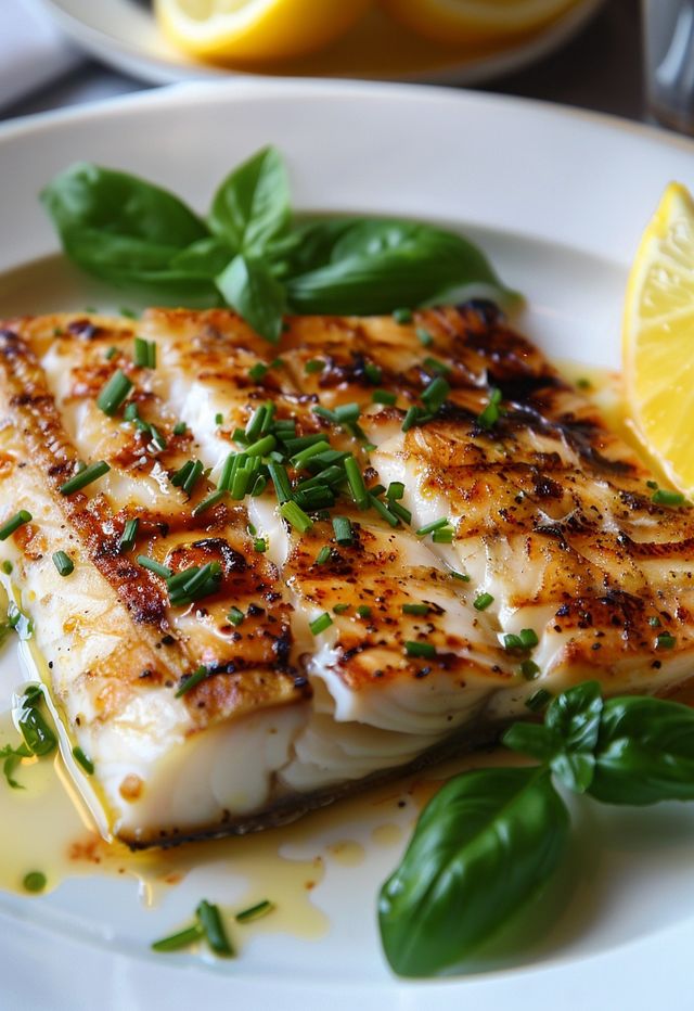 a white plate topped with fish next to lemon wedges