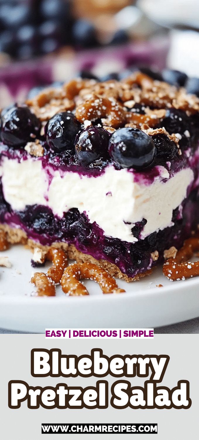 blueberry pretzel salad on a white plate