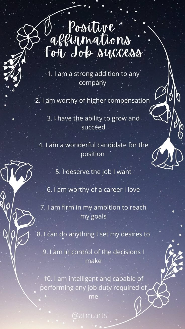 a poster with flowers and the words positive affirmations for job success on it