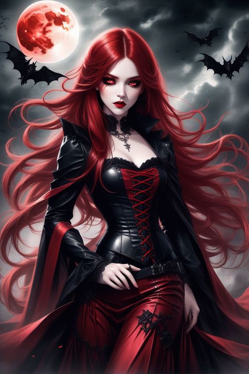 a woman with long red hair wearing a black and red corset, standing in front of a full moon