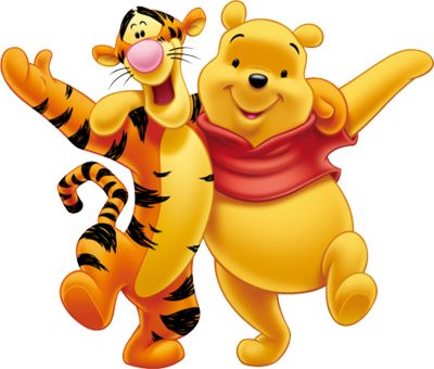 winnie the pooh and tigger dancing together with their arms up in the air