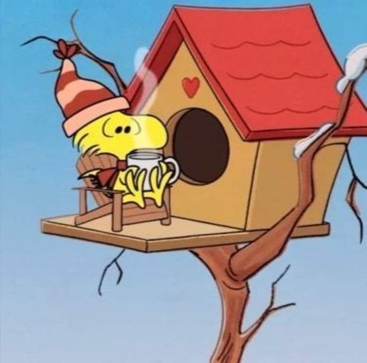 a birdhouse with a cat sitting on it's roof and a cup in its mouth