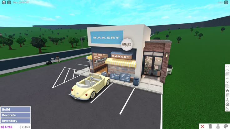 an animated image of a car parked in front of a bakery