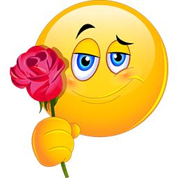 a smiley face holding a red rose in it's right hand and looking at the viewer