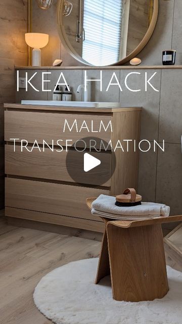 a bathroom with a sink, mirror and stool in it's center piece that says ikea hack