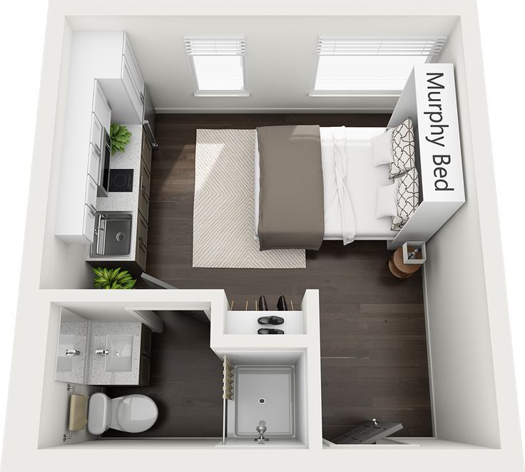 an overhead view of a studio apartment