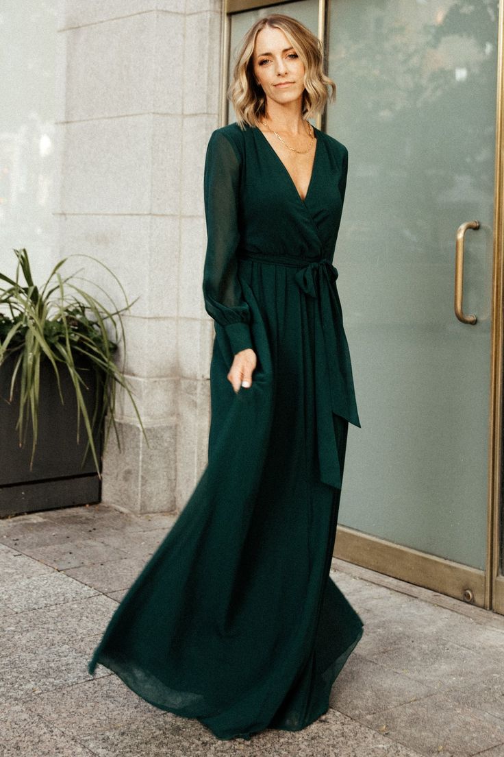 Hunter Green Maxi Dress, Hunter Green Bridesmaid Dress, Forest Green Bridesmaid Dresses, Green Chiffon Dress, Winter Bridesmaids, Winter Bridesmaid Dresses, Long Sleeve Bridesmaid Dress, Burgundy Maxi Dress, Elastic Sleeves