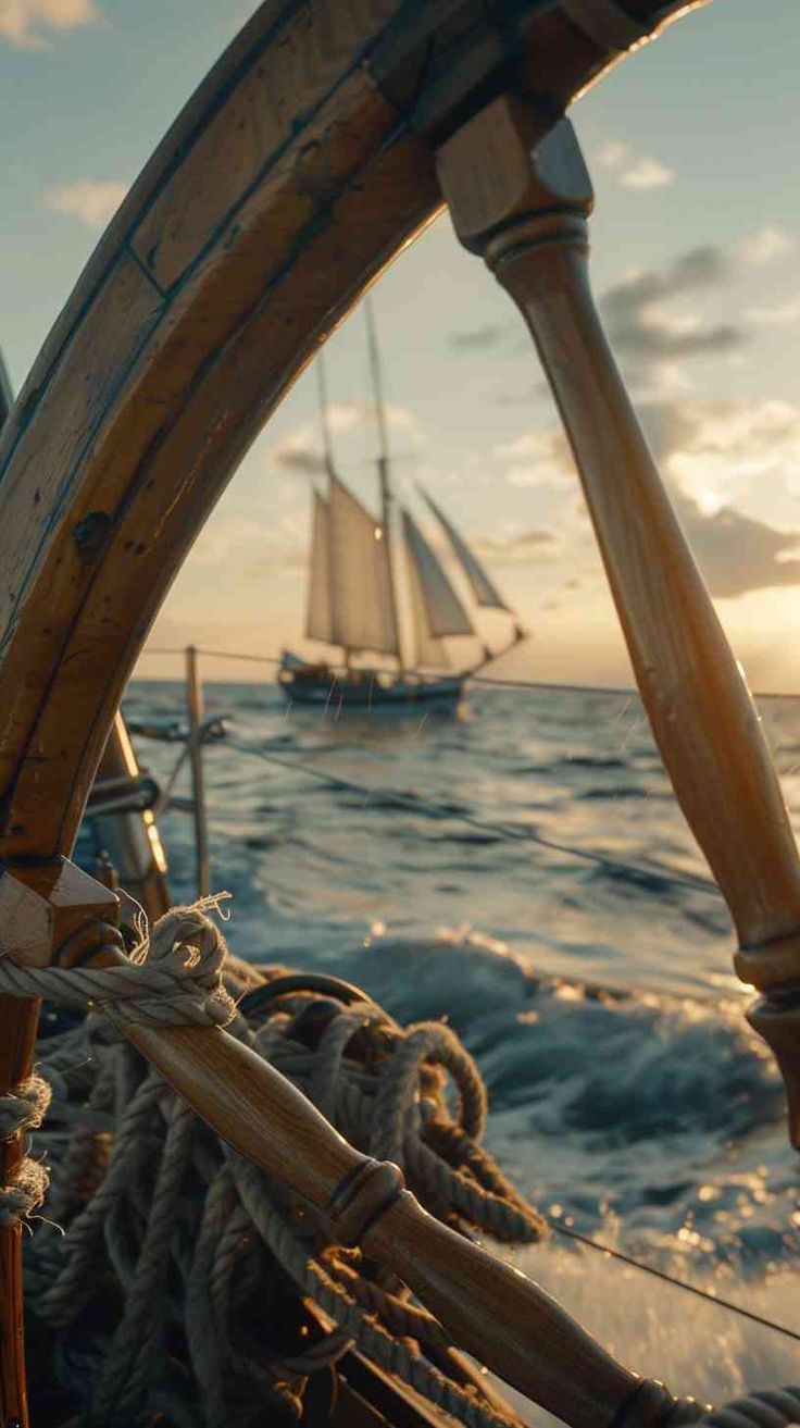 a sailboat sailing in the ocean at sunset with another boat behind it on the water