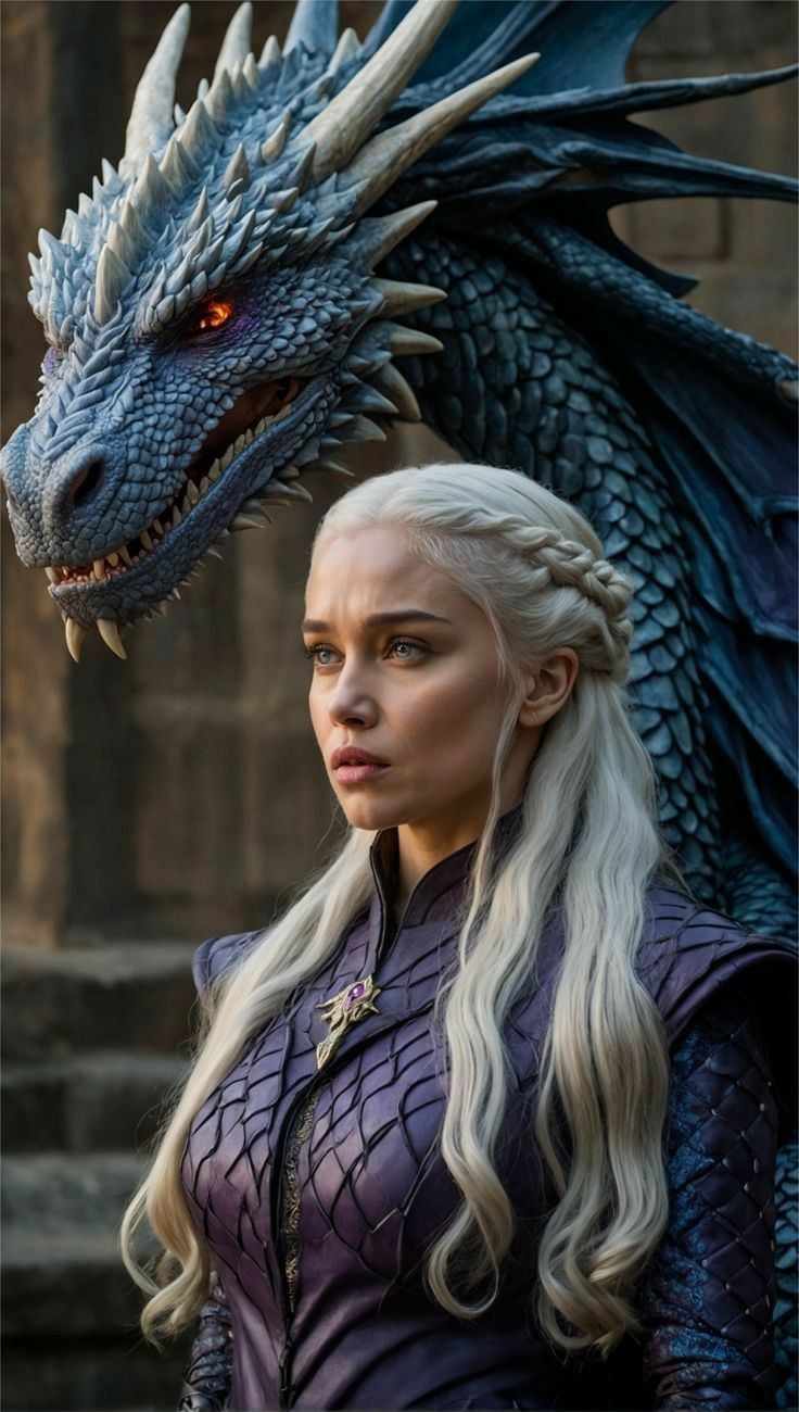 game of thrones daeneria starke with her dragon head in the background