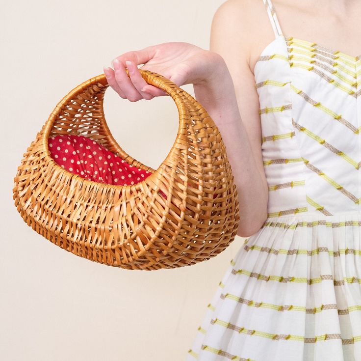 "1950's/60's Brown Wicker Basket Picnic Basket Purse with Red Polka Dot Lining / Handbag - Very Good Vintage Condition Height - 9\" Length - 11\" Depth - 7\" Please visit our sister shop for tons other great finds! https://www.etsy.com/ca/shop/PontiacDryGoods W2675" Red Spring Picnic Bag, Vintage Red Bag For Summer, Retro Red Bags For Summer, Retro Red Summer Bag, Retro Red Summer Bags, Red Summer Picnic Bag, Vintage Summer Bags For Picnic, Metals Project, Basket Picnic