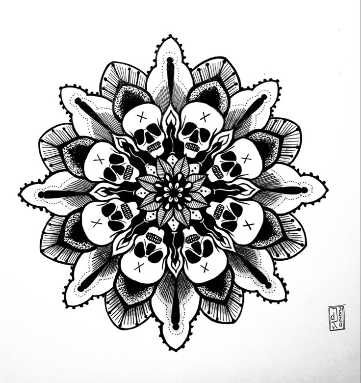 a black and white drawing of a flower with skulls in the center, on a white background