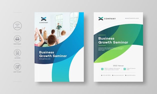 two business brochures with green and blue shapes