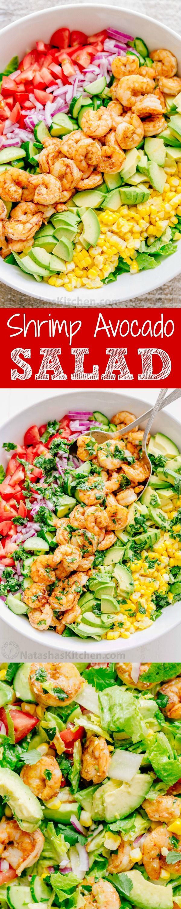 shrimp and avocado salad in a white serving dish with red text overlay