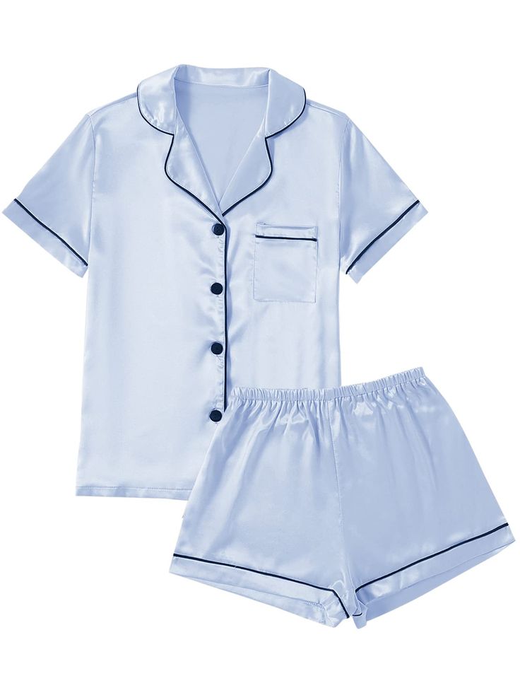 PRICES MAY VARY. Material: Pajama set is made of Premium 95%Polyester+5%Spandex satin fabric.Ultra soft silk pajamas for women, lightweight and Skin-friendly. Features: 2 Piece Pajama Set featuring classic sleepwear style.Short sleeve sleepwear with notch collar,button front pajamas shirt and one chest pocket design. Pajama shorts for women with soft elastic waist that fits for any body size and makes relaxing as comfort as possible. Match: Casual nightwear but in fashion way! You really need pa Satin Pajamas Set, Bride Pajama, Pijamas Women, Silk Pjs, Shorts Pajamas, Silk Pajamas Women, Cute Pjs, Classic Pajamas, Cute Pajama Sets