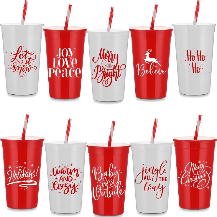 six red and white cups with straws in them, all saying merry little christmas