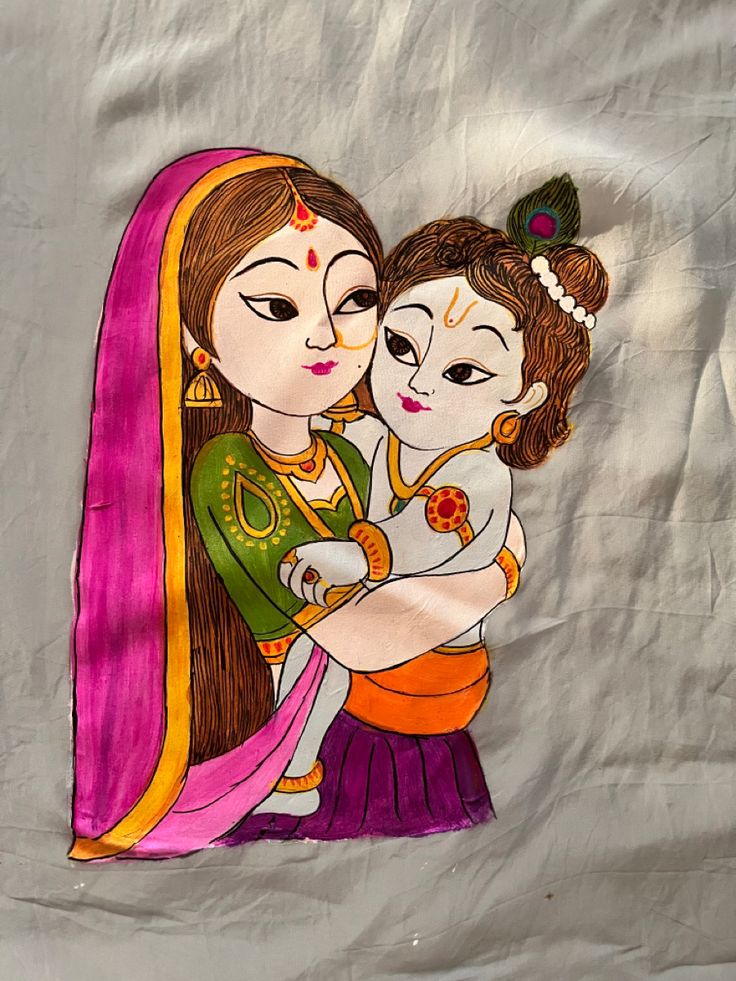 Krishna Fabric Painting On Blouse, Mural Painting In Dress, Yashoda Krishna Painting On Canvas, Krishna Painting On Fabric, Fabric Painting Designs For Blouse, Fabric Painting On Clothes Blouse, Fabric Paint Designs Blouse, Fabric Painting Blouse Designs, Krishna Fabric Painting