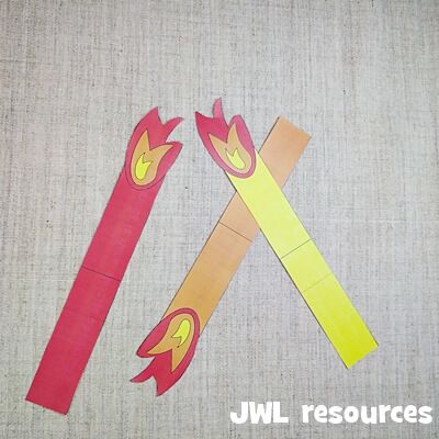 two pieces of paper cut out to look like firecrackers and lightning sticks