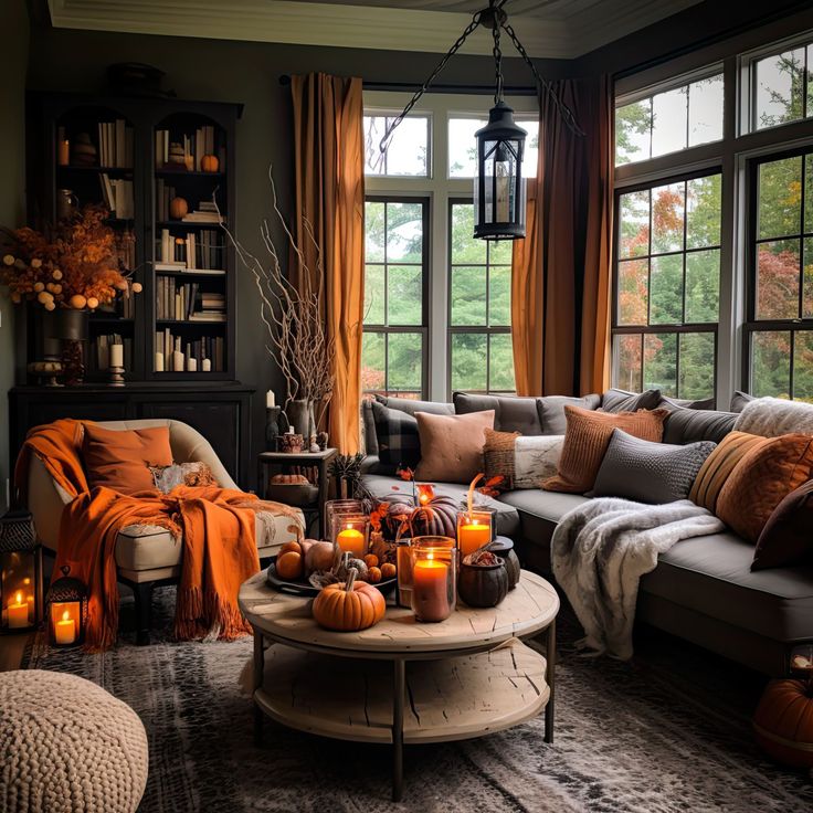 a living room filled with lots of furniture and candles in front of large open windows