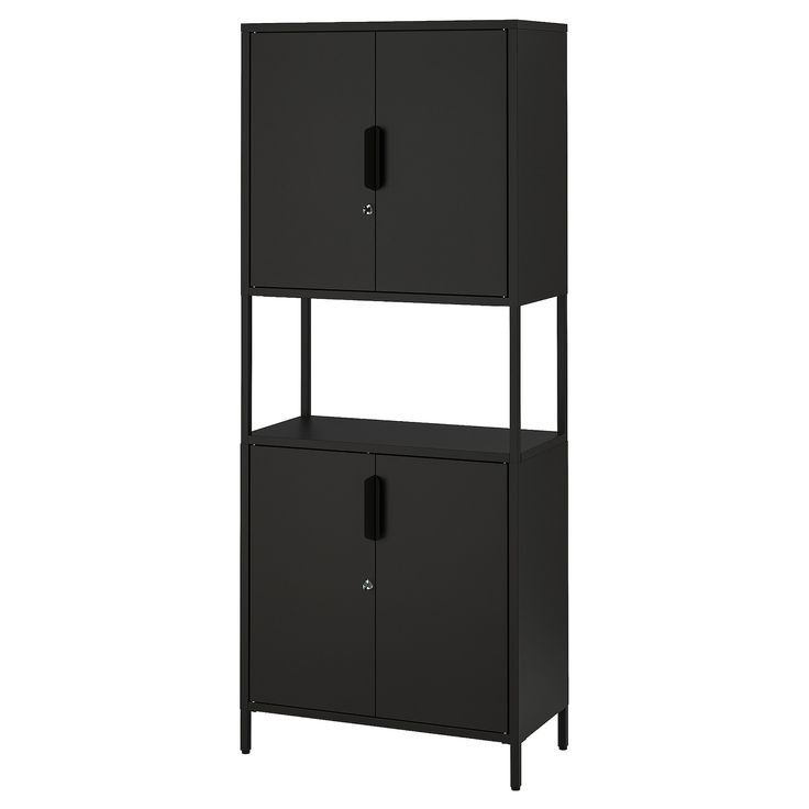 a tall black cabinet with two doors