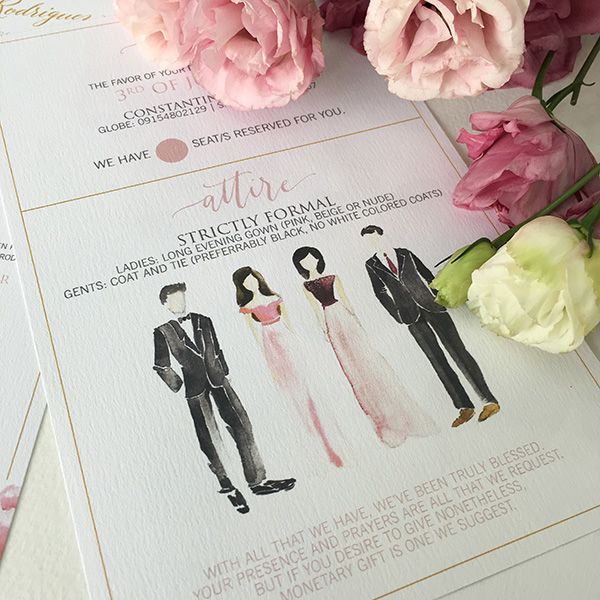 three different types of wedding suits on top of each other next to pink flowers and peonies