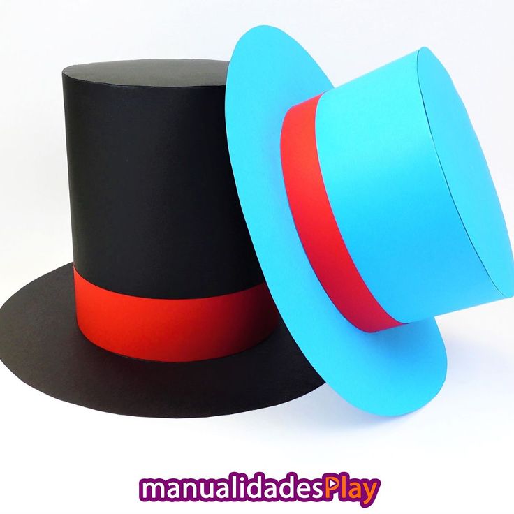 a black top hat with red and blue band