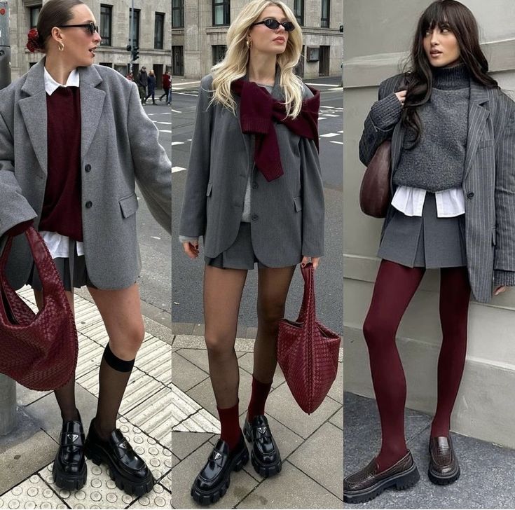 Bordo Dress Outfit, Burgundy Pleated Skirt Outfits, Bordo Outfit, Burgundy Outfit Ideas, Burgundy Fits, Bordeaux Outfit, Red Tights Outfit, Fall Autumn Outfits, Grey Sweater Outfit