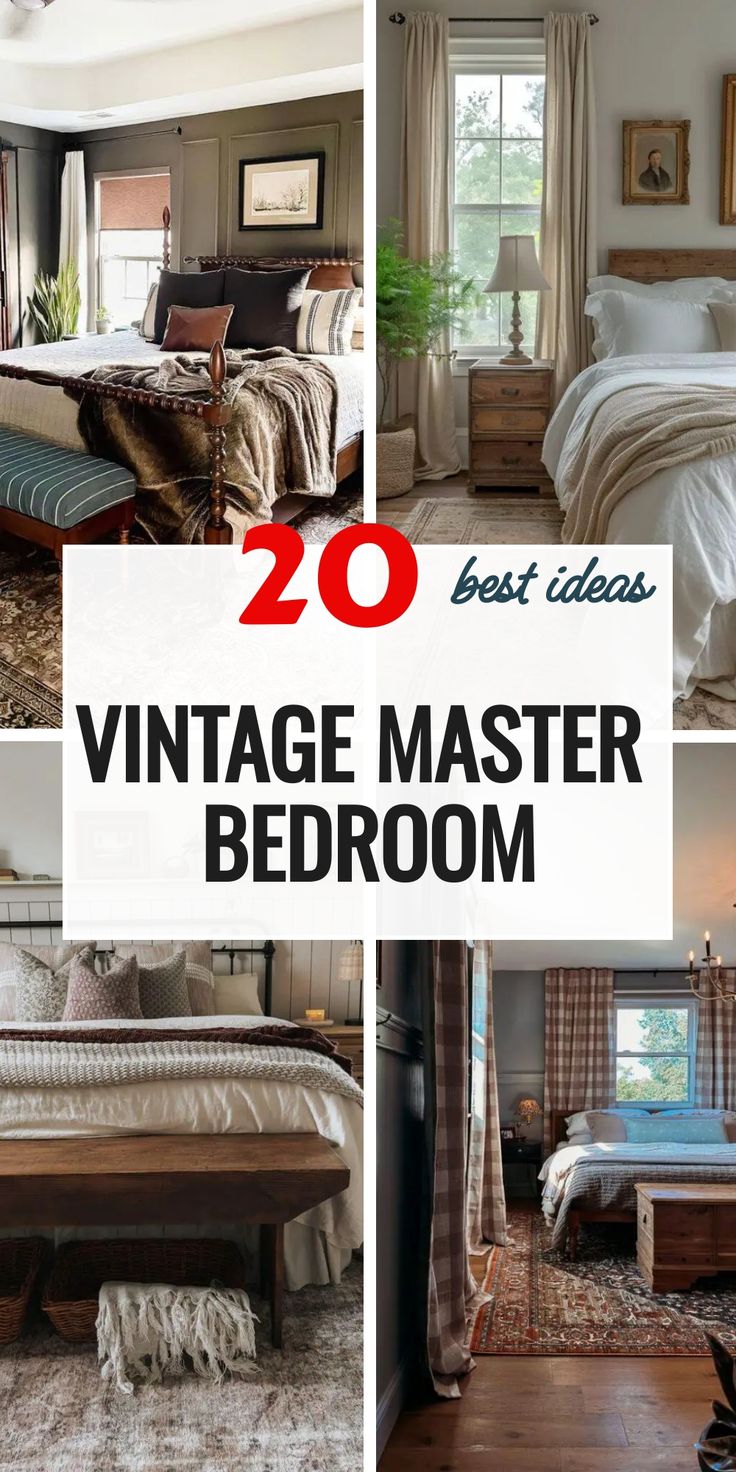 Ready for a bedroom makeover? Discover how to blend modern design with vintage charm in these 20 Vintage Master Bedroom ideas. From the warm allure of Benjamin Moores vintage hues to the rustic elegance of farmhouse decor, learn how to create a suite thats both inviting and infused with history. Bedroom With Vintage Furniture, Mom Bedroom Ideas Decor, Vintage Master Bedrooms Decor, Romantic Vintage Bedroom Ideas, Room Inspiration Vintage, Modern Cottage Bedroom, Vintage Inspired Bedroom, Bedroom Makeover Ideas, Interior Design Masters