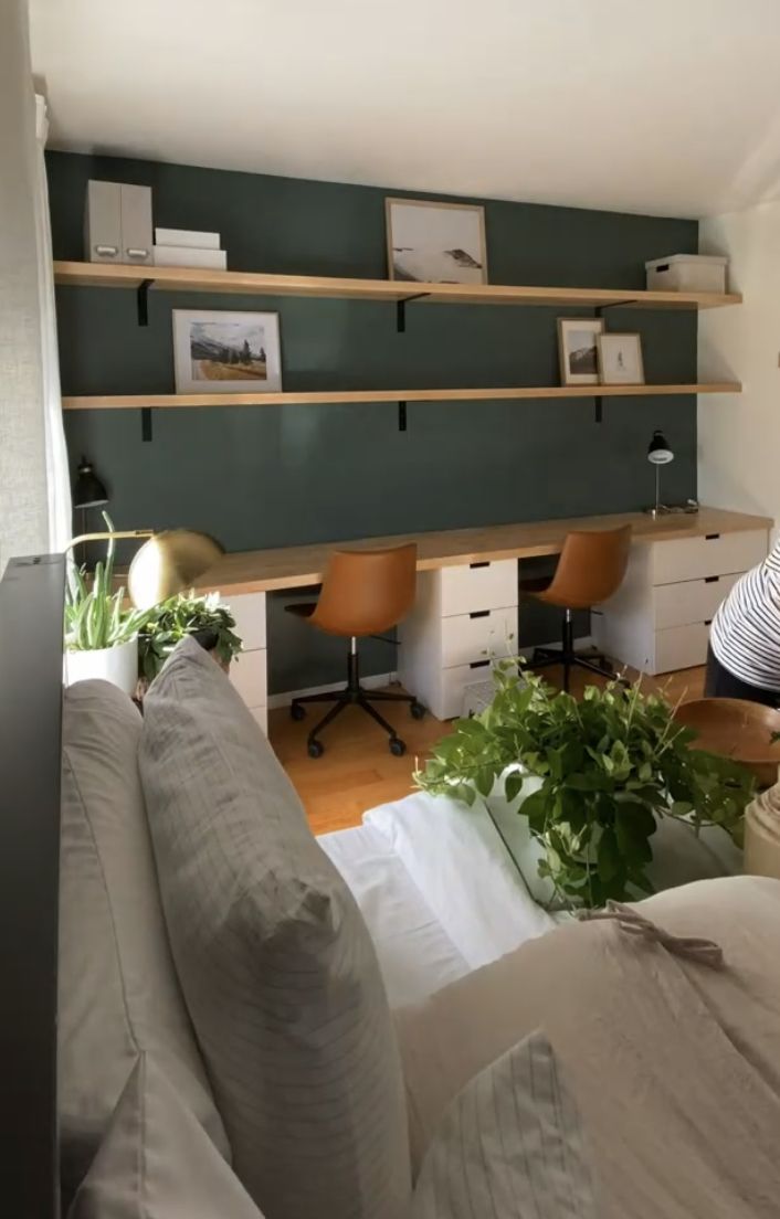 a living room filled with furniture and lots of green plants on top of the shelves