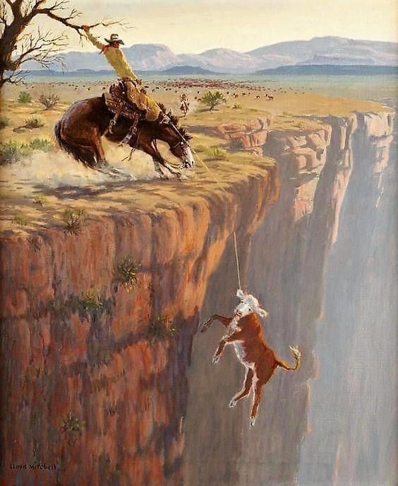 a painting of a dog jumping off a cliff into the sky with a cowboy on it