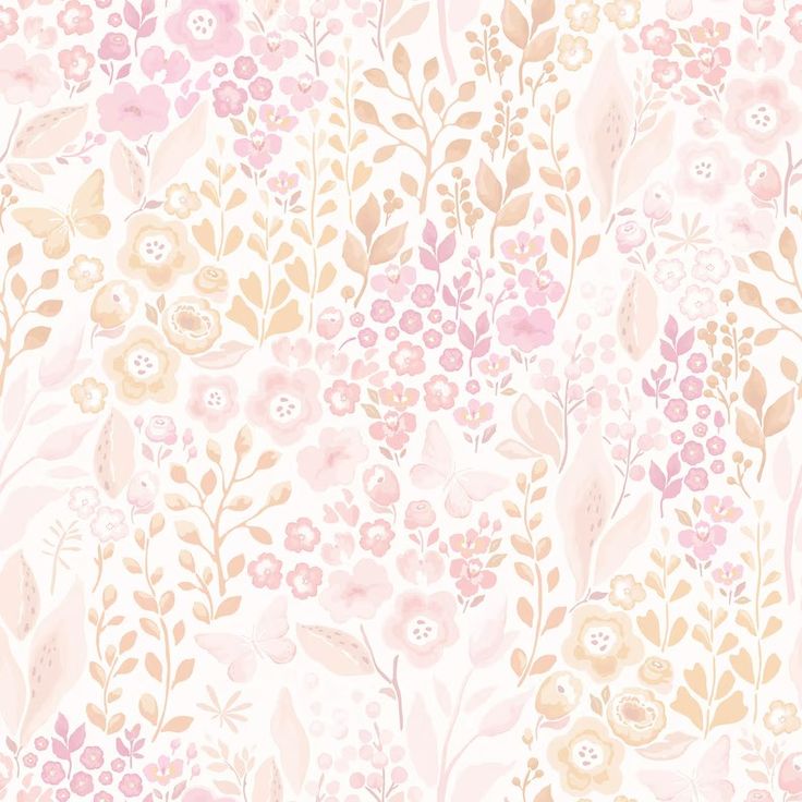 a pink and gold floral wallpaper with lots of flowers