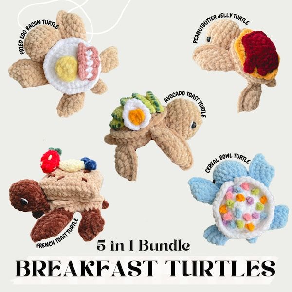 there are five crocheted stuffed animals in the shape of turtles