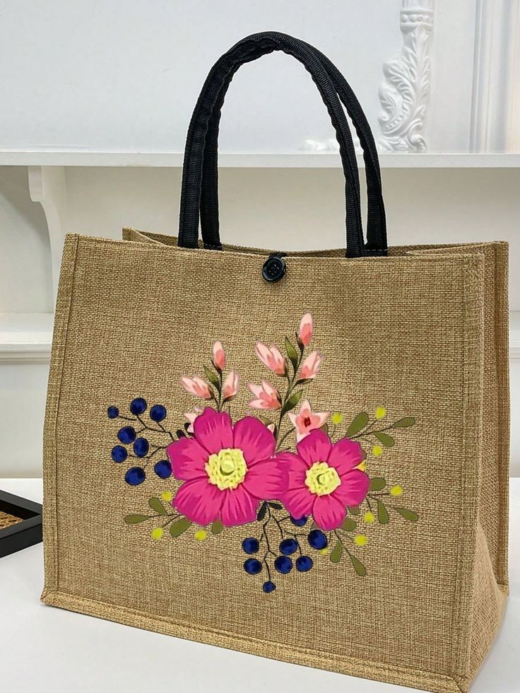 Kaki Casual Collar  Polyester Blocs de couleur,Halloween,Lettres Sacs à poignée Embellished Painted Canvas Bags, Flower Bags, Simple Tote Bag, Summer Tote Bag, Canvas Bag Design, Handmade Fabric Bags, Burlap Tote Bags, Burlap Tote, Handpainted Bags