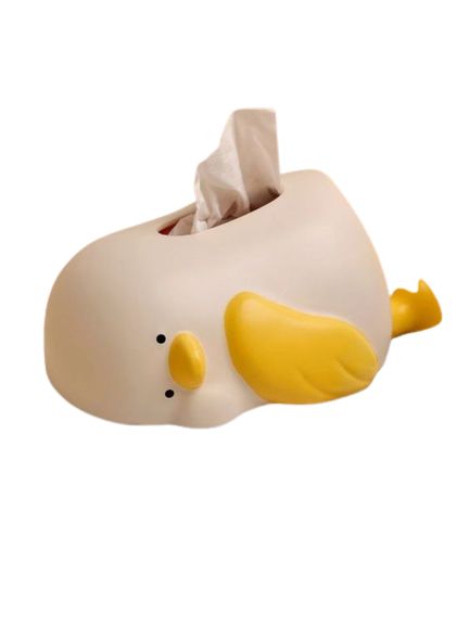 a tissue dispenser shaped like a bird with a yellow beak on it's head