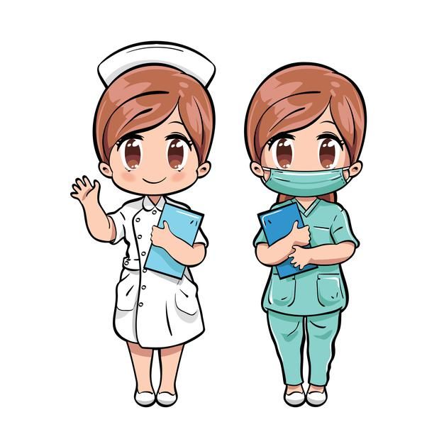 two nurses are standing next to each other with their hands on their hipss and one is wearing a face mask