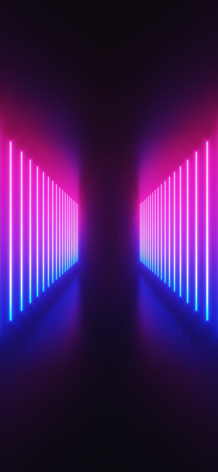 an image of neon lights that are in the dark room with only one light at the end