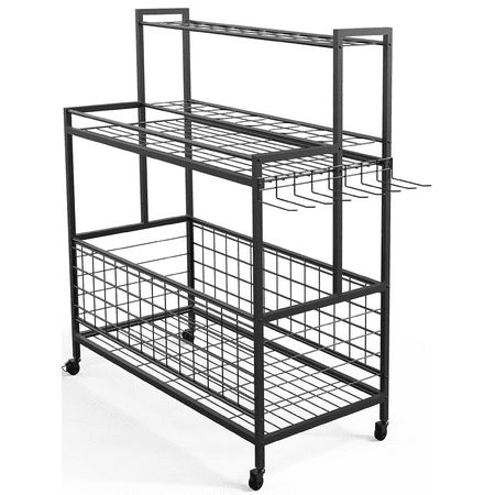 a metal rack with three baskets on it's sides and one shelf attached to the back