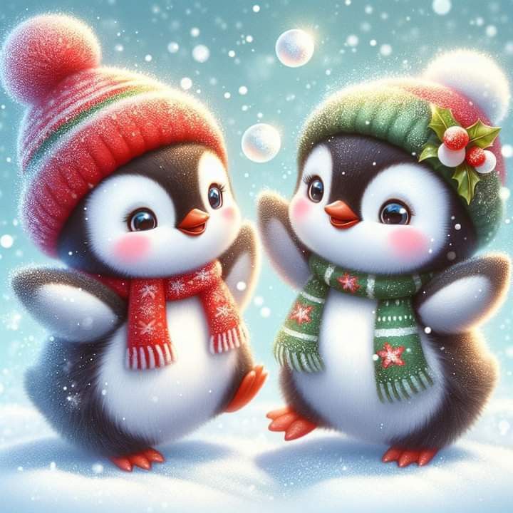 two penguins wearing hats and scarves standing next to each other on snow covered ground