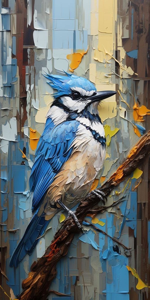 a painting of a blue and white bird on a branch