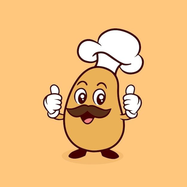 a cartoon potato with a chef hat and mustache giving the thumbs up while standing in front of an orange background