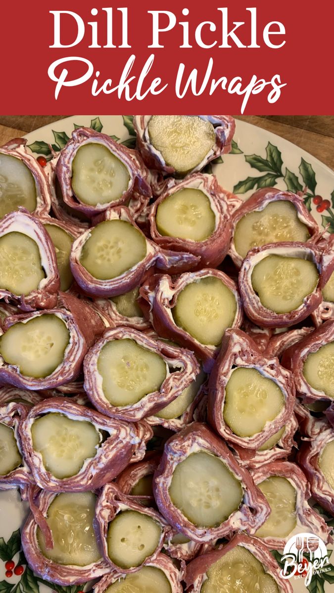 there is a plate full of pickle wraps on the table with text overlay